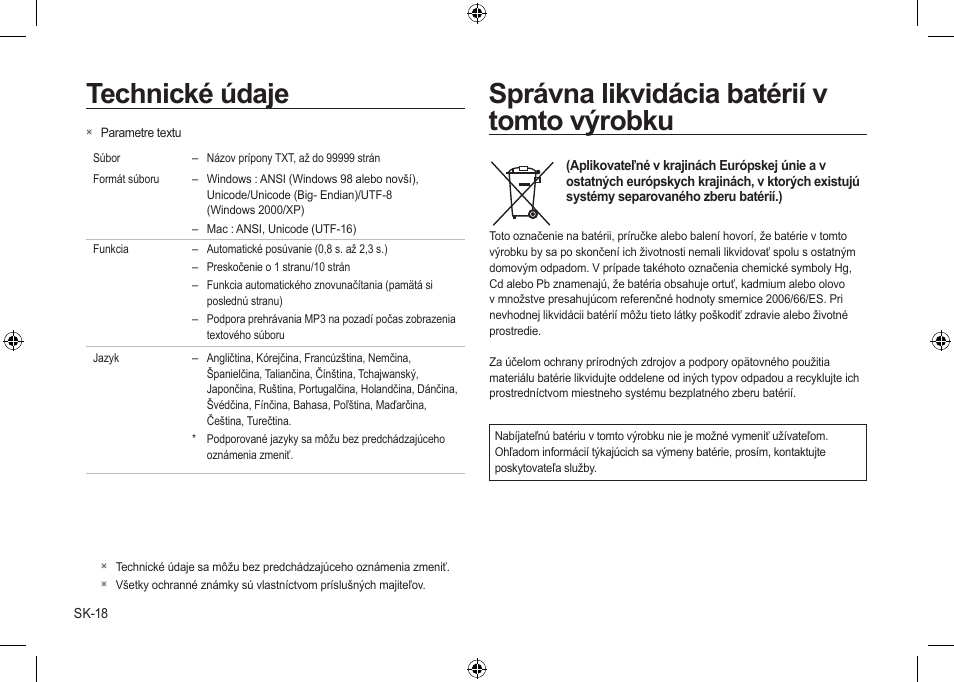 Technické údaje, Správna likvidácia batérií v tomto výrobku | Samsung i8 User Manual | Page 128 / 184