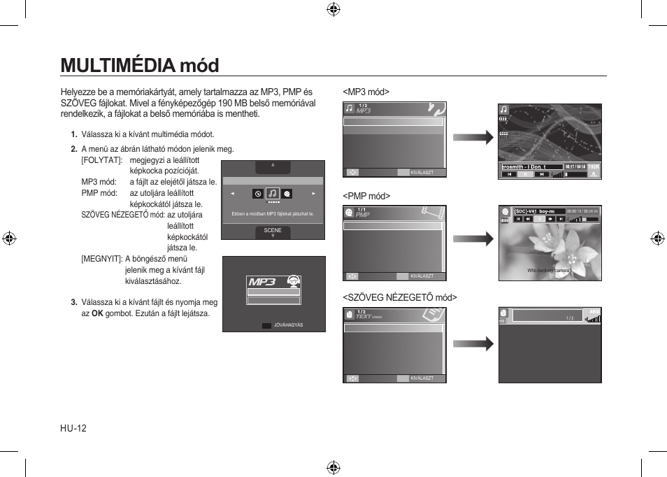 Multimédia mód, Hu-12, Mp3 mód> <pmp mód> <szöveg nézegető mód | Samsung i8 User Manual | Page 140 / 184