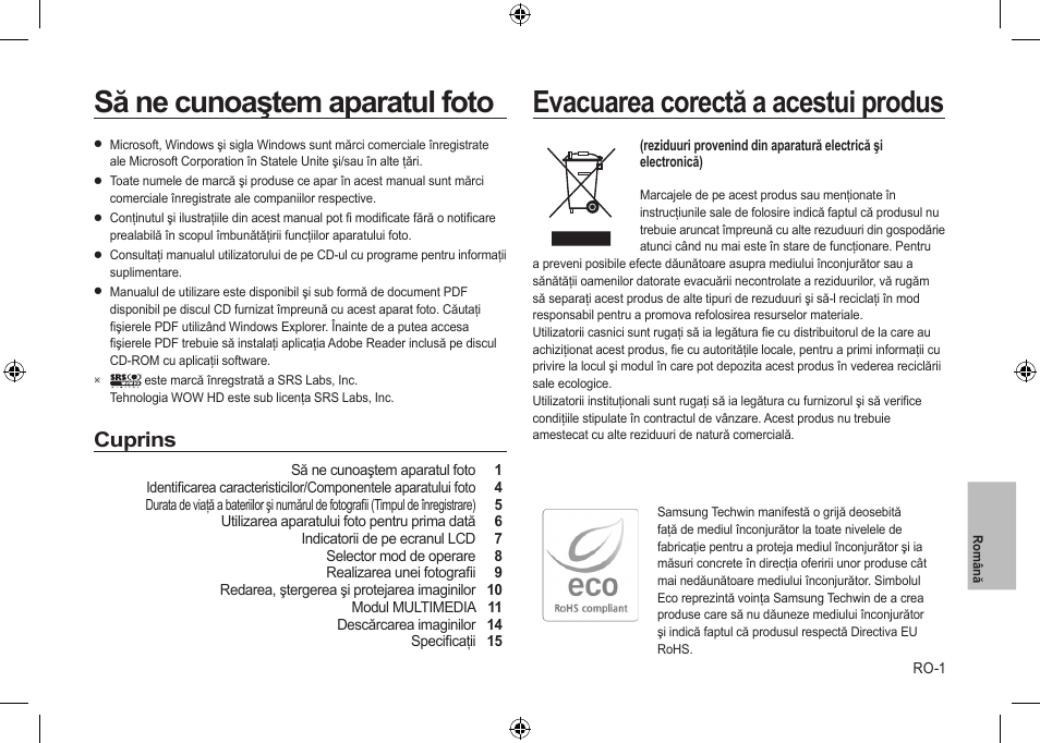 Să ne cunoaştem aparatul foto, Evacuarea corectă a acestui produs, Cuprins | Samsung i8 User Manual | Page 147 / 184