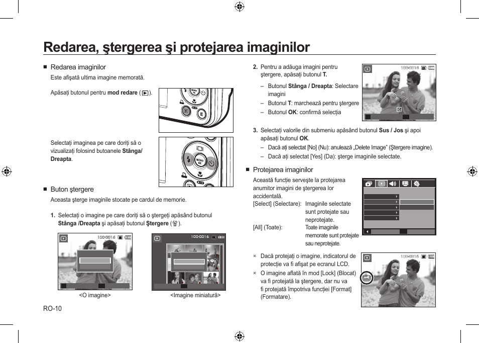 Redarea, ştergerea şi protejarea imaginilor, Ro-10, Protejarea imaginilor | Redarea imaginilor, Buton ştergere | Samsung i8 User Manual | Page 156 / 184