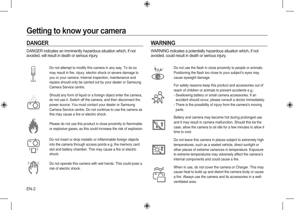 Getting to know your camera, Danger, Warning | Samsung i8 User Manual | Page 2 / 184