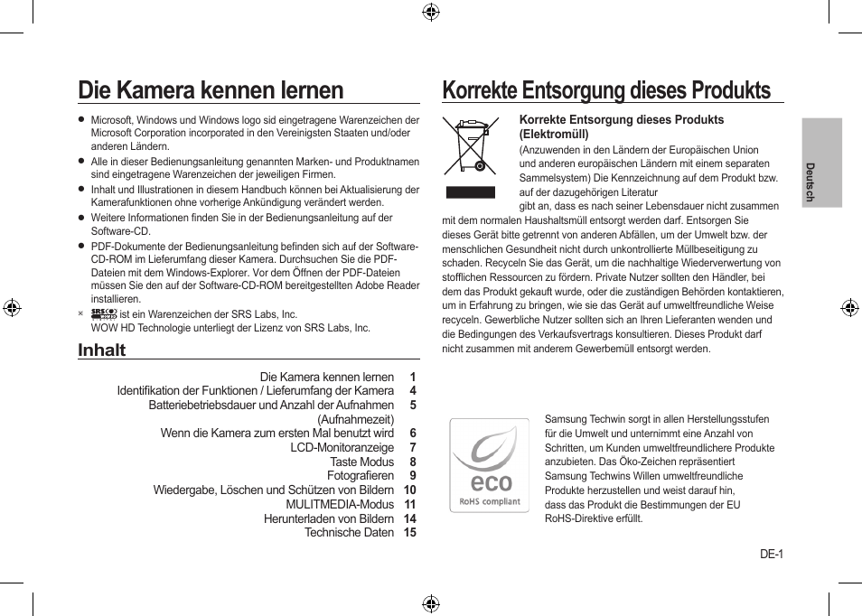Die kamera kennen lernen, Korrekte entsorgung dieses produkts, Inhalt | Samsung i8 User Manual | Page 21 / 184
