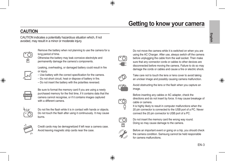 Getting to know your camera, Caution | Samsung i8 User Manual | Page 3 / 184