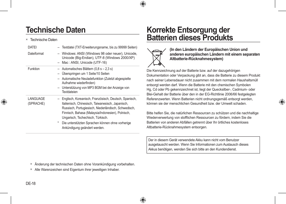 Technische daten, Korrekte entsorgung der batterien dieses produkts | Samsung i8 User Manual | Page 38 / 184