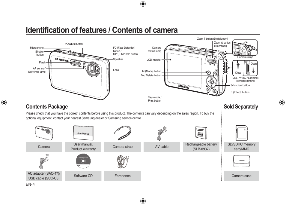 Identiﬁcation of features / contents of camera, Contents package, Sold separately | Samsung i8 User Manual | Page 4 / 184
