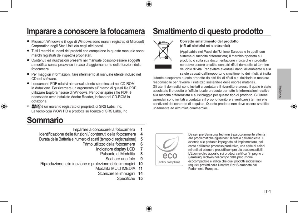 Sommario imparare a conoscere la fotocamera, Smaltimento di questo prodotto | Samsung i8 User Manual | Page 57 / 184
