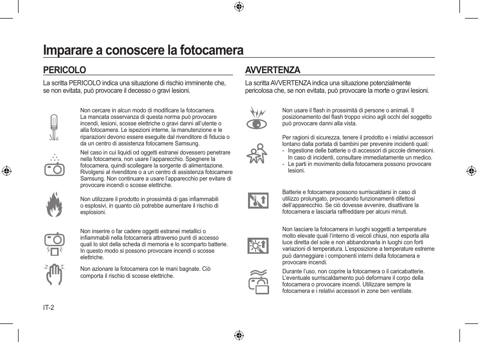 Imparare a conoscere la fotocamera, Pericolo, Avvertenza | Samsung i8 User Manual | Page 58 / 184