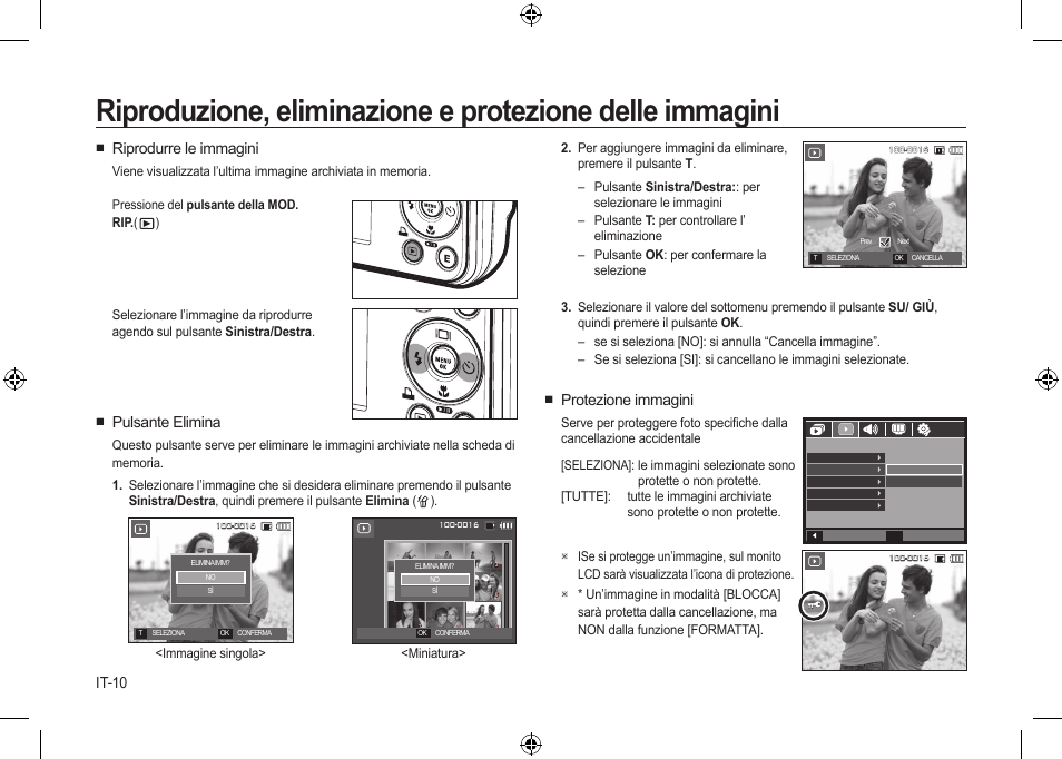 It-10, Protezione immagini, Riprodurre le immagini | Pulsante elimina | Samsung i8 User Manual | Page 66 / 184