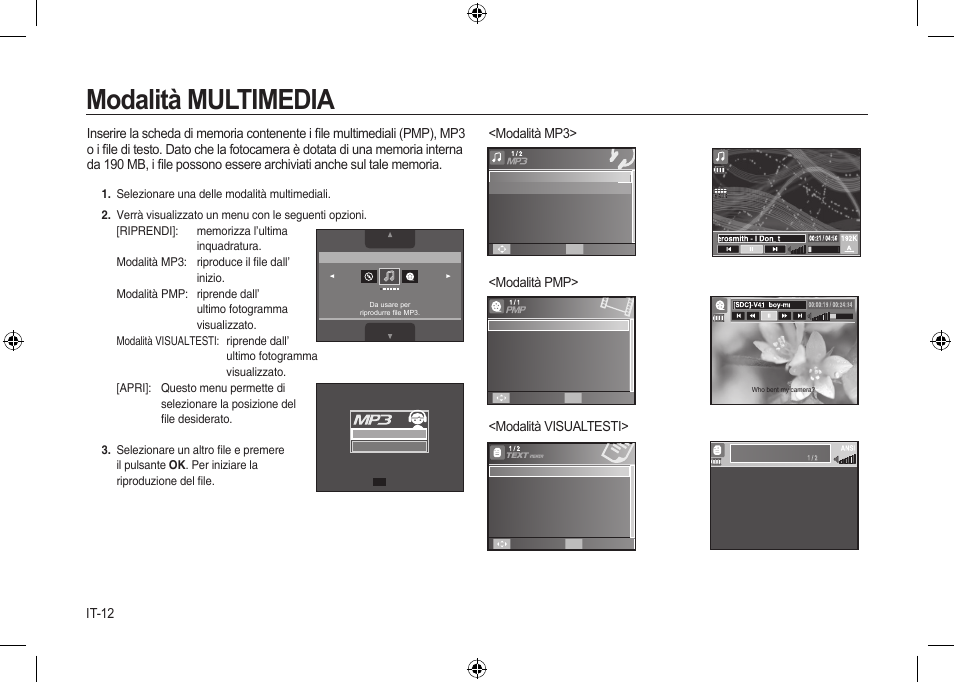 Modalità multimedia, It-12, Modalità mp3> <modalità pmp> <modalità visualtesti | Samsung i8 User Manual | Page 68 / 184