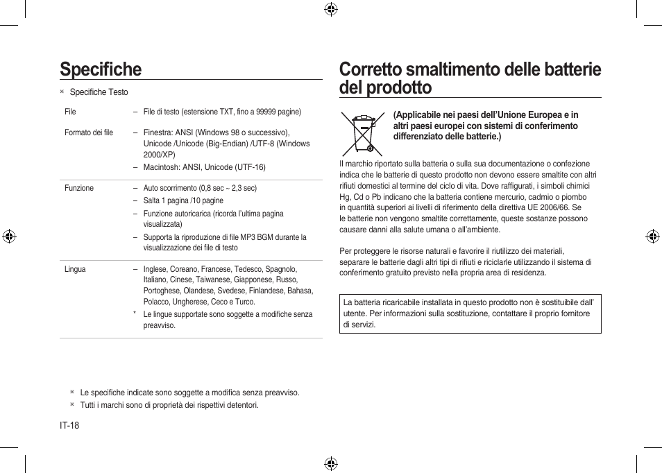 Speciﬁche, Corretto smaltimento delle batterie del prodotto | Samsung i8 User Manual | Page 74 / 184
