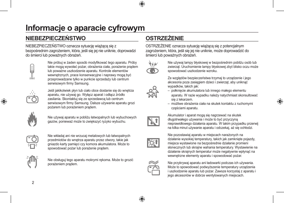 Informacje o aparacie cyfrowym, Niebezpieczeństwo, Ostrzeżenie | Samsung i8 User Manual | Page 76 / 184