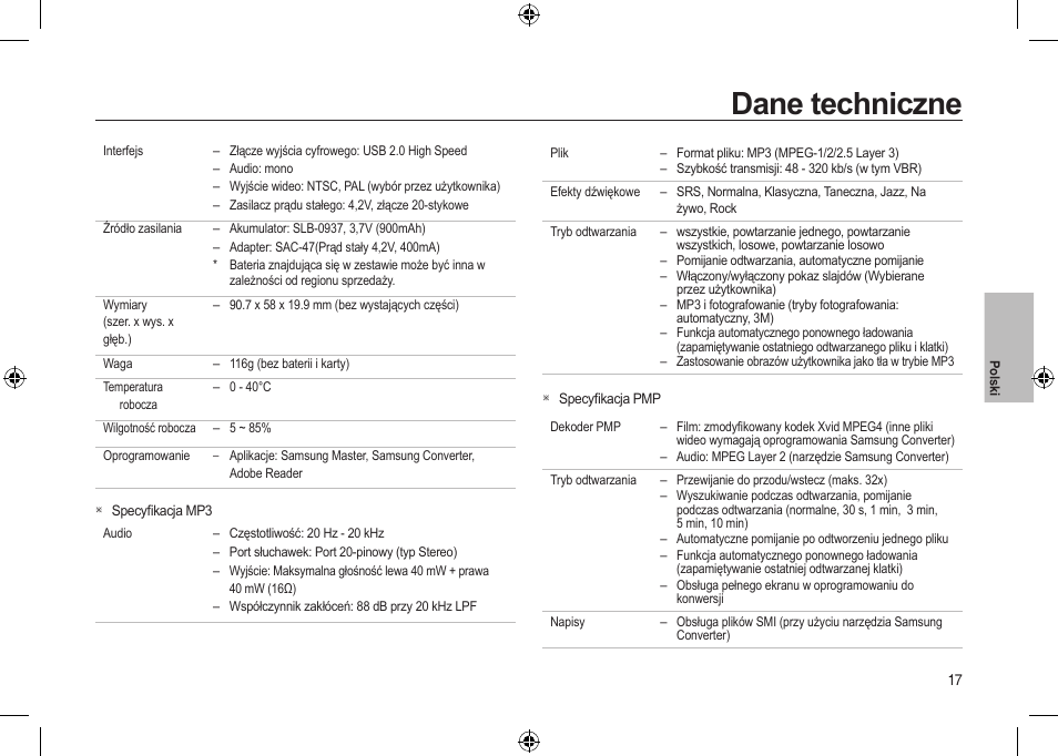 Dane techniczne | Samsung i8 User Manual | Page 91 / 184