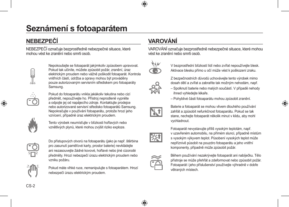Seznámení s fotoaparátem, Nebezpečí, Varování | Samsung i8 User Manual | Page 94 / 184