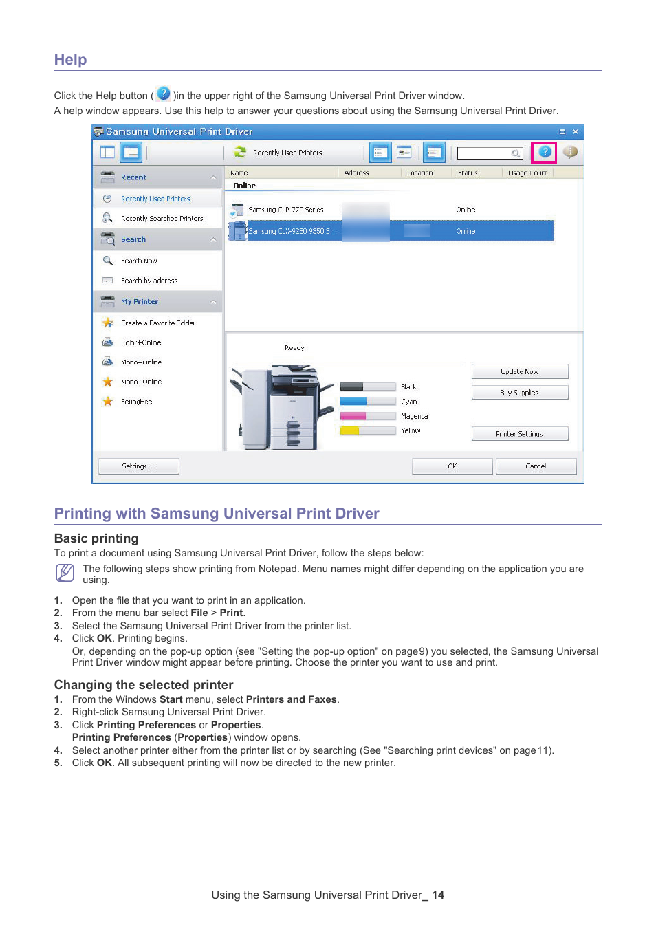 Help, Printing with samsung universal print driver, Basic printing | Changing the selected printer, Help printing with samsung universal print driver | Samsung Universal Print Driver User Manual | Page 14 / 21