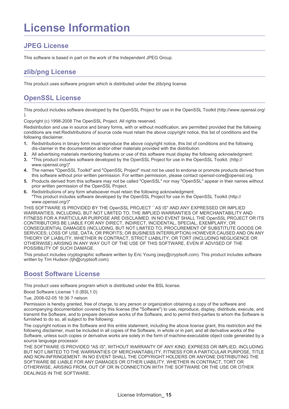 License information, Jpeg license, Zlib/png license | Openssl license, Boost software license | Samsung Universal Print Driver User Manual | Page 15 / 21