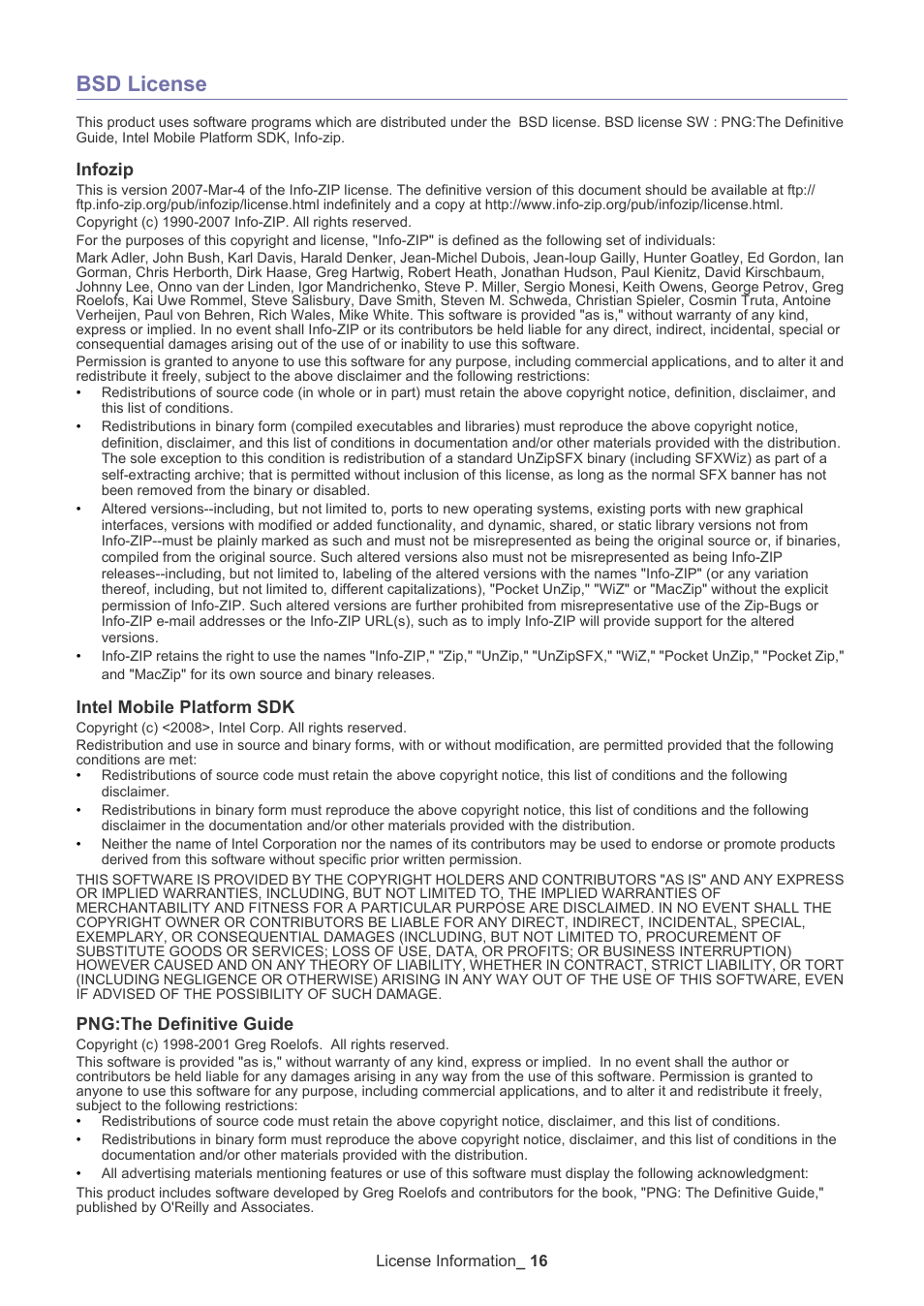Bsd license, Infozip, Intel mobile platform sdk | Png:the definitive guide | Samsung Universal Print Driver User Manual | Page 16 / 21