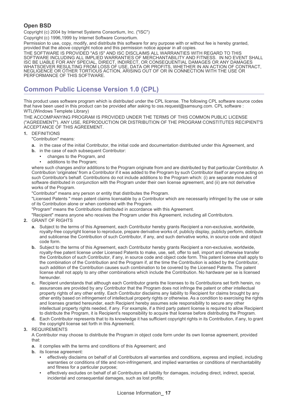 Open bsd, Common public license version 1.0 (cpl) | Samsung Universal Print Driver User Manual | Page 17 / 21