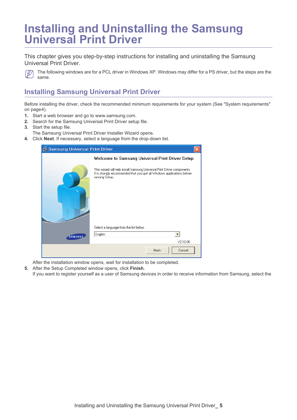 Installing samsung universal print driver, Installing and uninstalling the samsung universal, Print driver | Samsung Universal Print Driver User Manual | Page 5 / 21