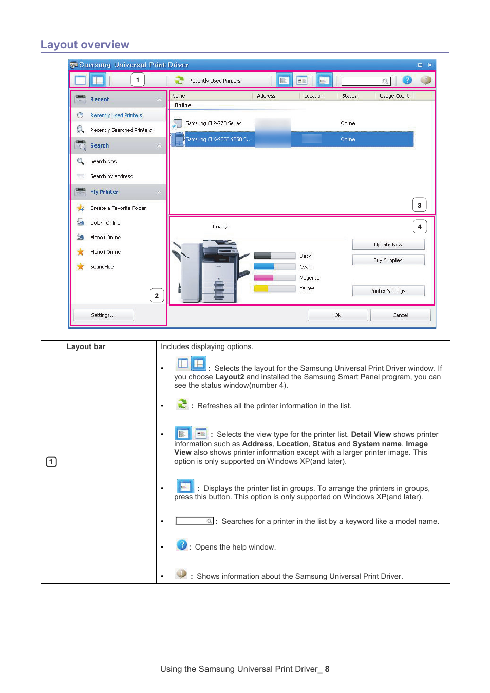 Layout overview | Samsung Universal Print Driver User Manual | Page 8 / 21