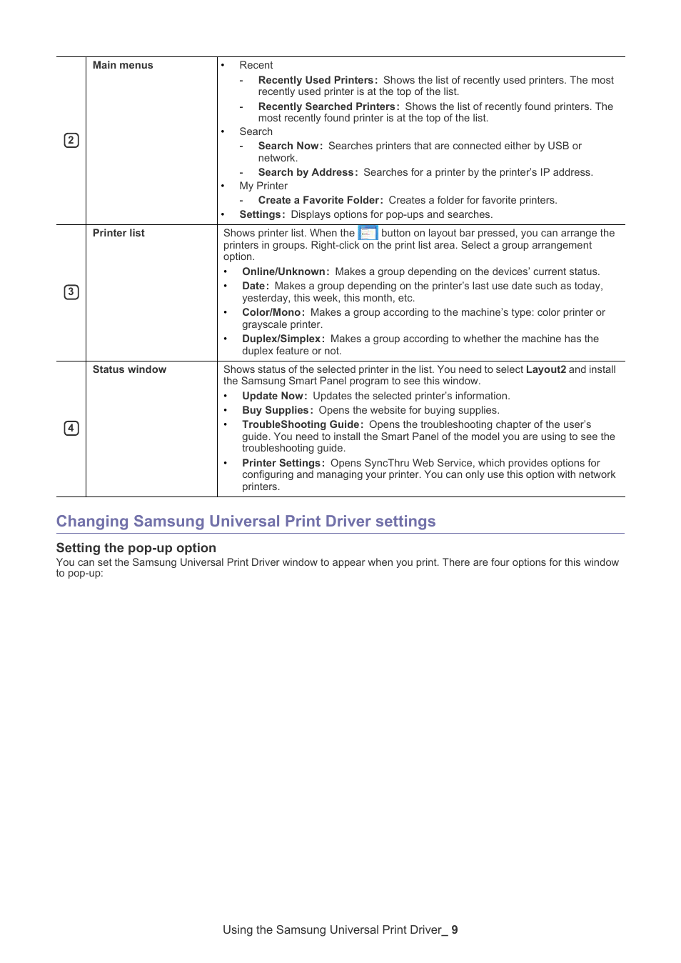 Changing samsung universal print driver settings, Setting the pop-up option | Samsung Universal Print Driver User Manual | Page 9 / 21