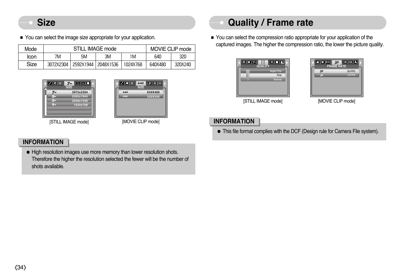 Quality / frame rate, Size, Information | Samsung EC-L700ZSBB-FR User Manual | Page 35 / 78