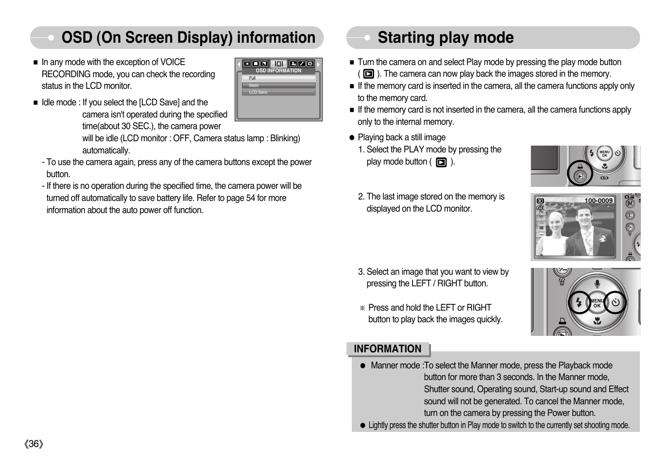 Osd (on screen display) information, Starting play mode | Samsung EC-L700ZSBB-FR User Manual | Page 37 / 78