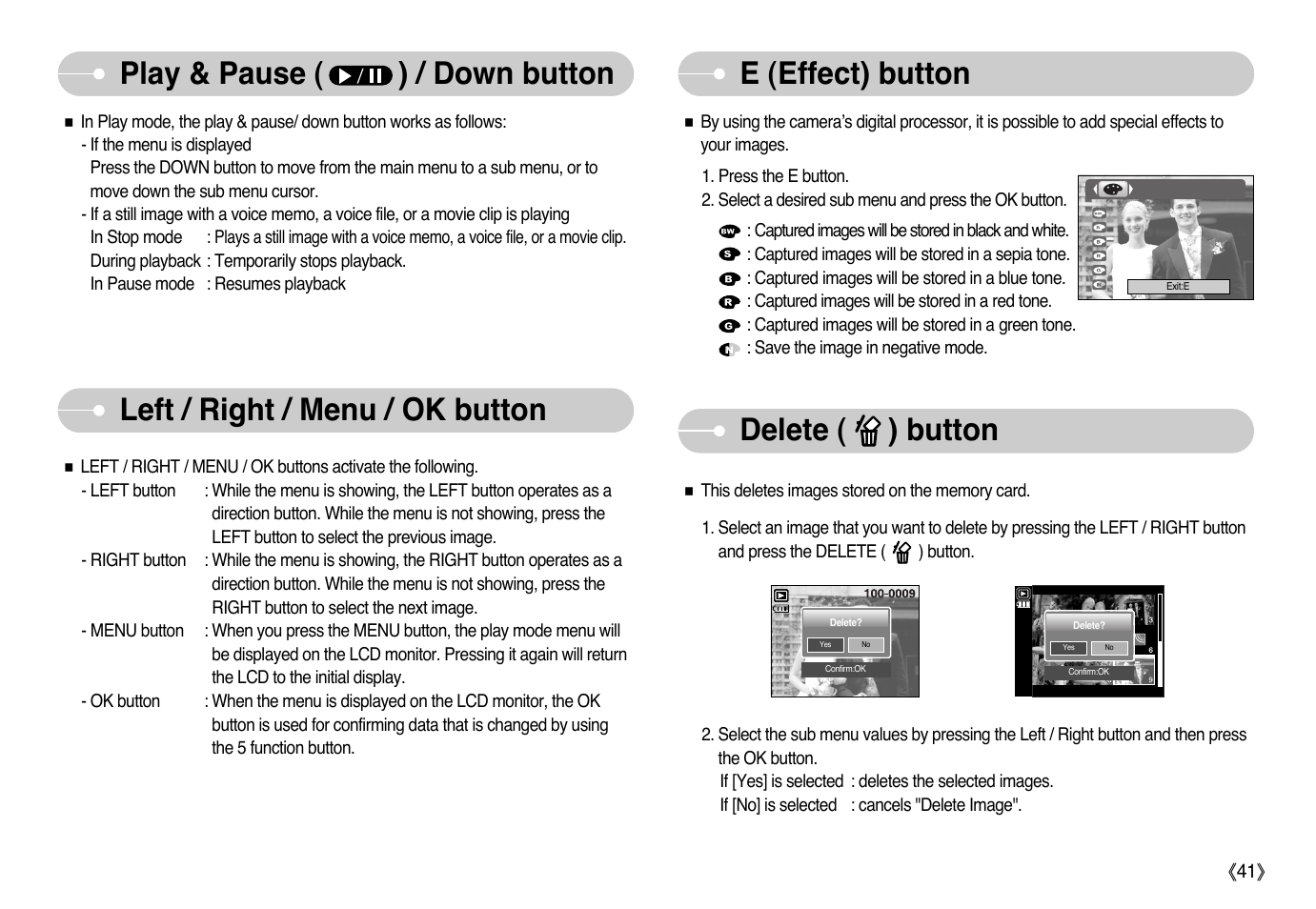 E (effect) button, Play & pause ( ) / down button, Left / right / menu / ok button | Delete ( ) button | Samsung EC-L700ZSBB-FR User Manual | Page 42 / 78