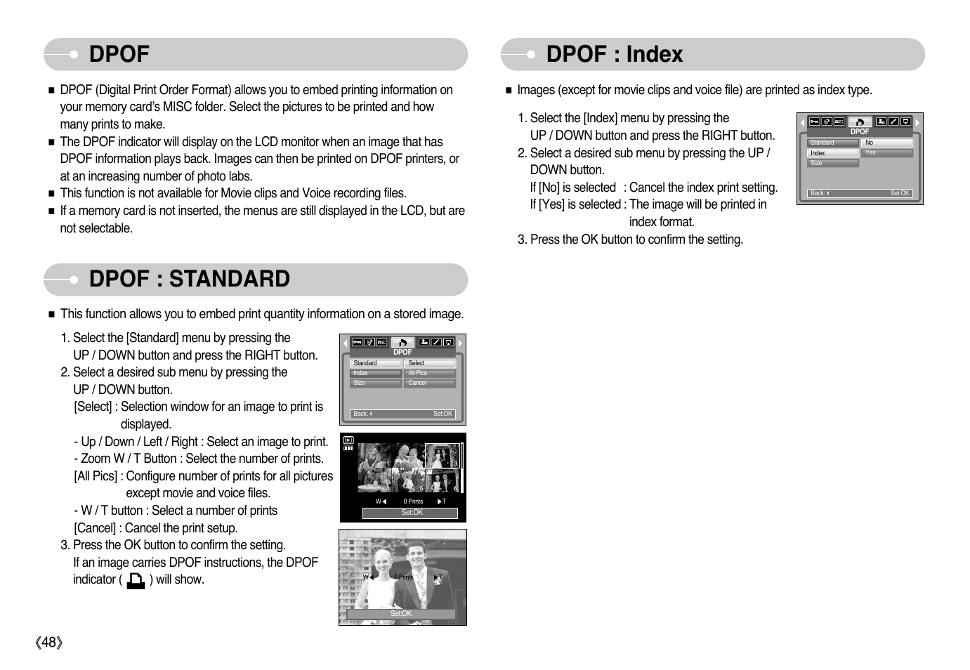 Dpof dpof : index, Dpof : standard | Samsung EC-L700ZSBB-FR User Manual | Page 49 / 78