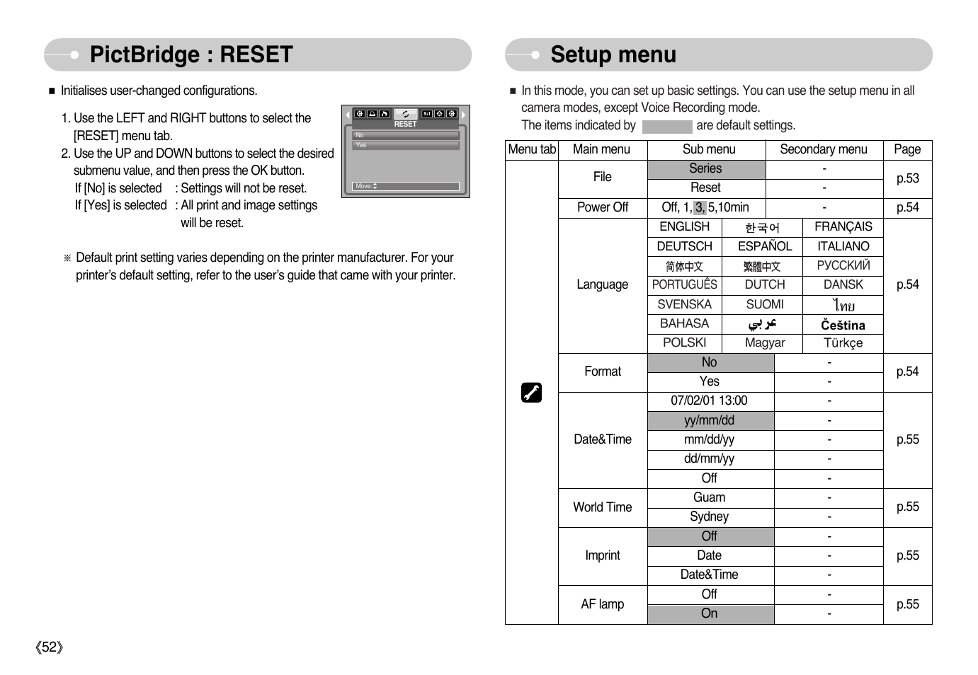 Pictbridge : reset setup menu | Samsung EC-L700ZSBB-FR User Manual | Page 53 / 78