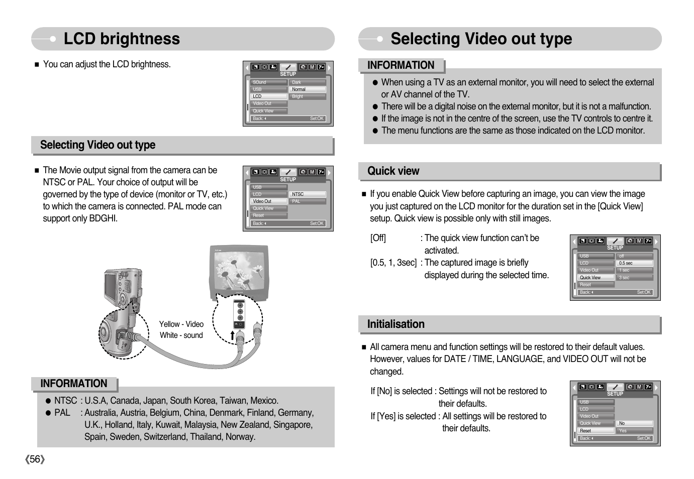 Lcd brightness selecting video out type, Initialisation, Quick view selecting video out type | Information | Samsung EC-L700ZSBB-FR User Manual | Page 57 / 78