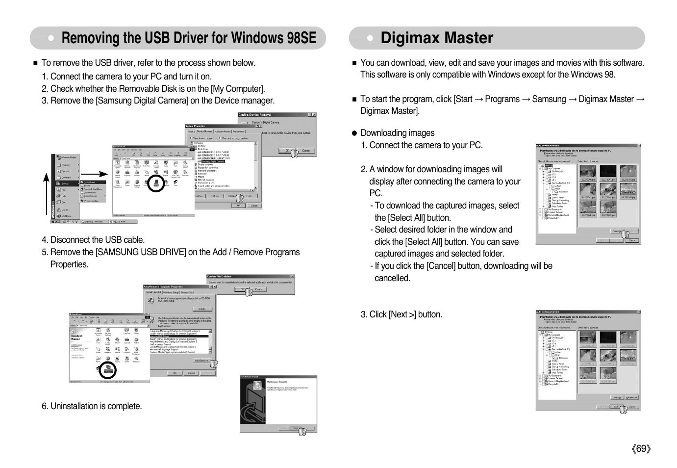 Removing the usb driver for windows 98se, Digimax master | Samsung EC-L700ZSBB-FR User Manual | Page 70 / 78