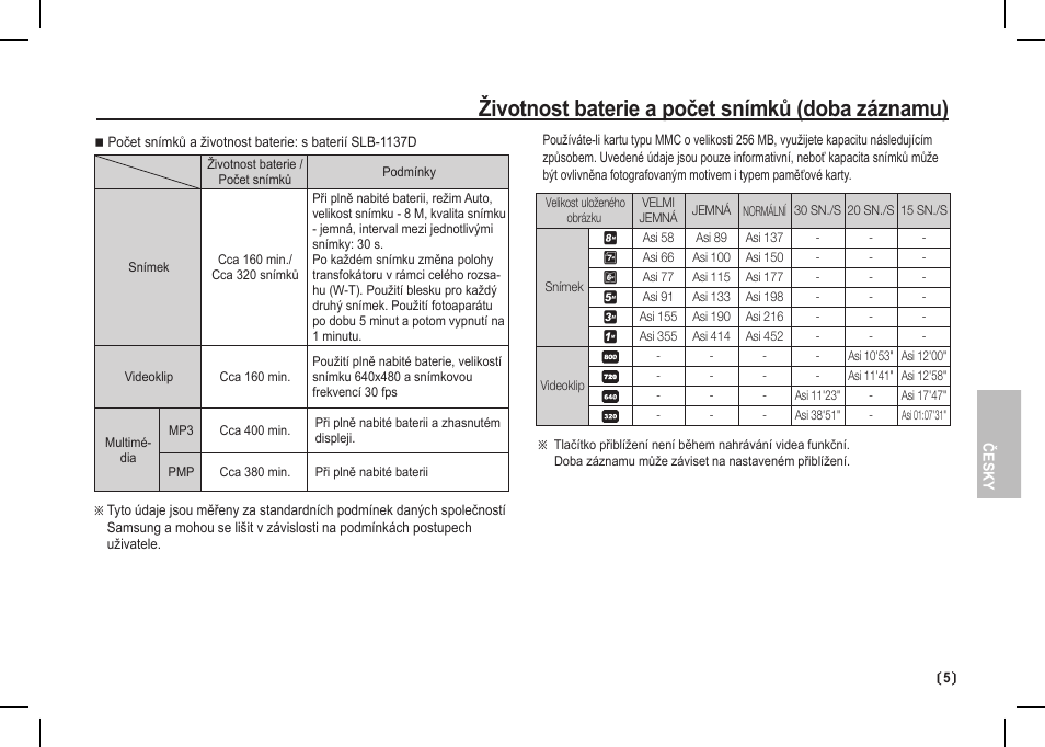 Životnost baterie a počet snímků (doba záznamu) | Samsung I80 User Manual | Page 106 / 202