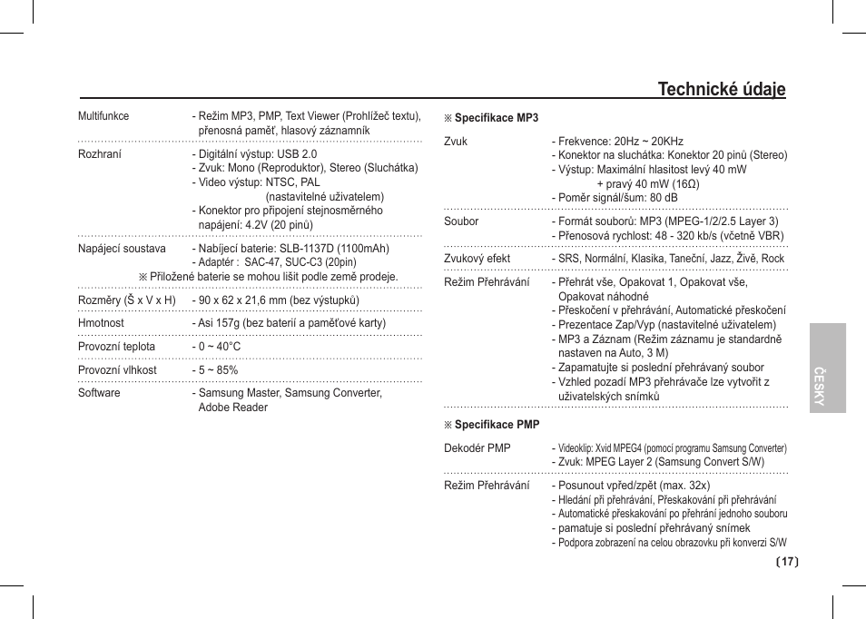 Technické údaje | Samsung I80 User Manual | Page 118 / 202