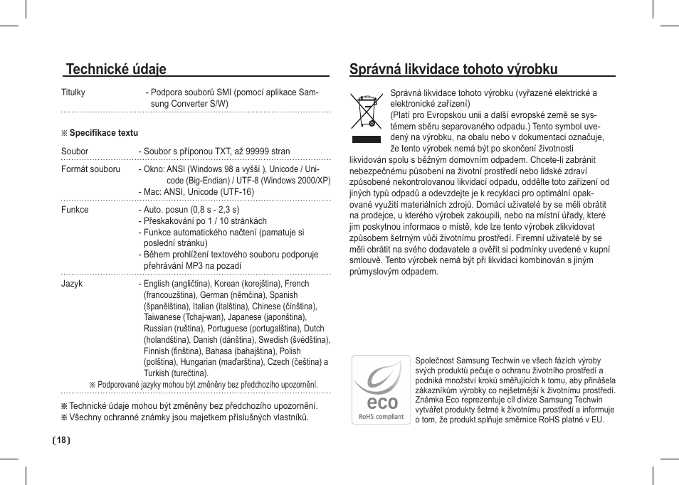 Správná likvidace tohoto výrobku, Technické údaje | Samsung I80 User Manual | Page 119 / 202