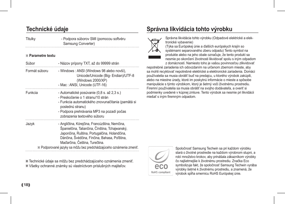 Správna likvidácia tohto výrobku, Technické údaje | Samsung I80 User Manual | Page 139 / 202
