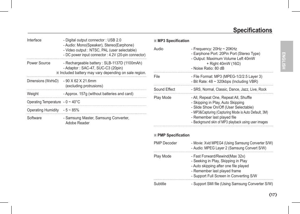 Specifications | Samsung I80 User Manual | Page 18 / 202