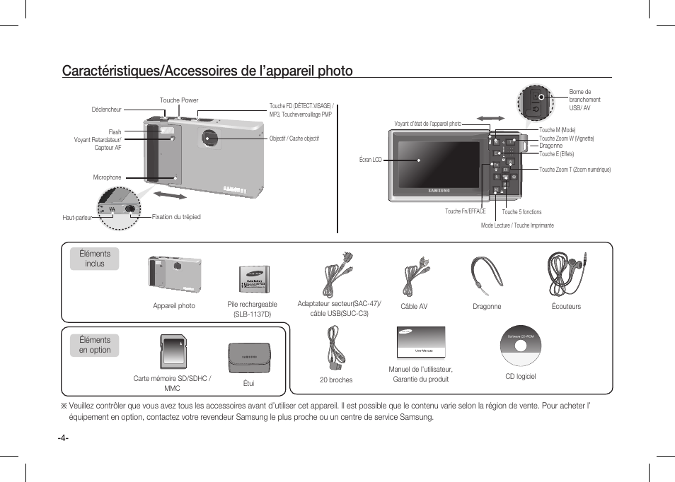 Caractéristiques/accessoires de l’appareil photo | Samsung I80 User Manual | Page 45 / 202