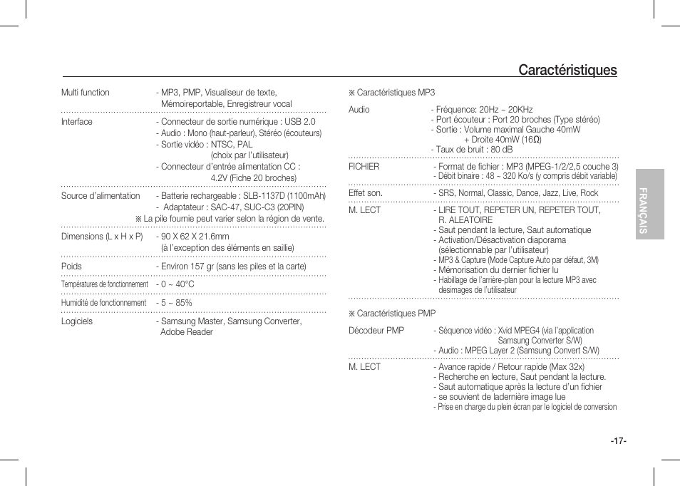 Caractéristiques | Samsung I80 User Manual | Page 58 / 202