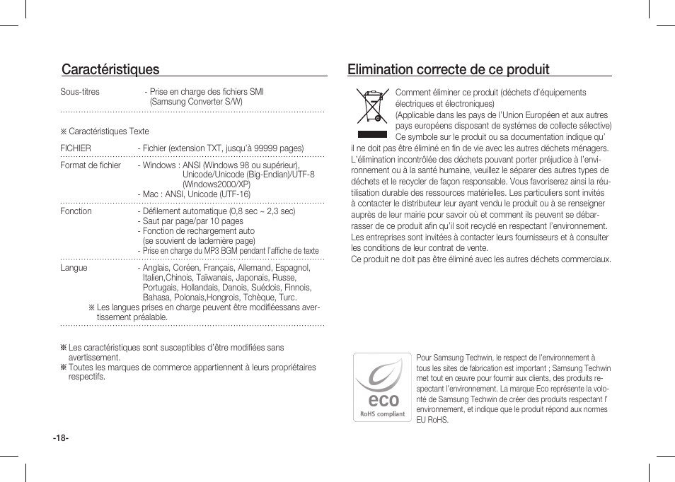 Elimination correcte de ce produit, Caractéristiques | Samsung I80 User Manual | Page 59 / 202