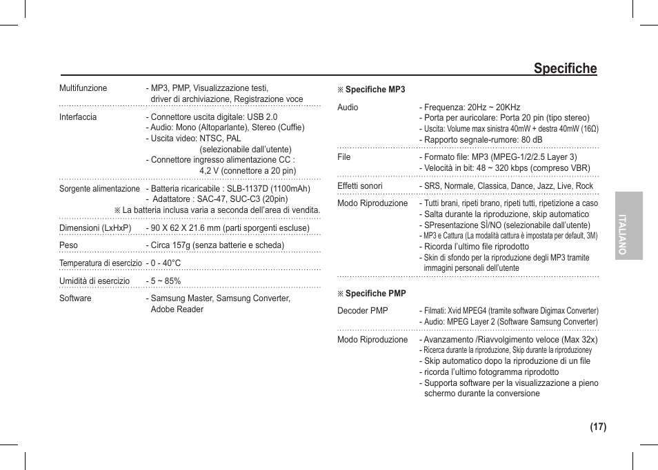 Specifiche | Samsung I80 User Manual | Page 78 / 202