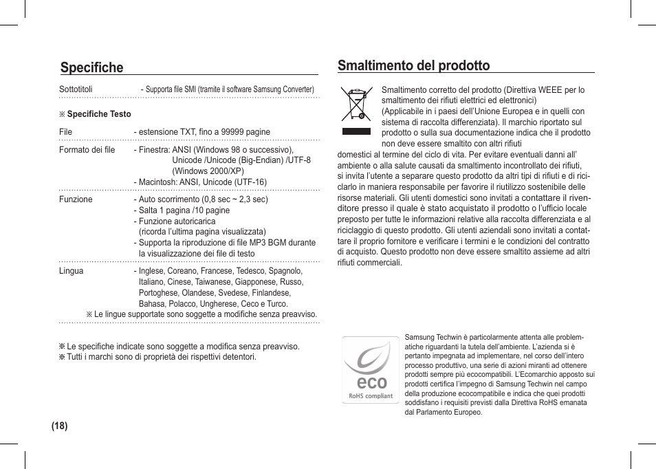 Smaltimento del prodotto, Specifiche | Samsung I80 User Manual | Page 79 / 202
