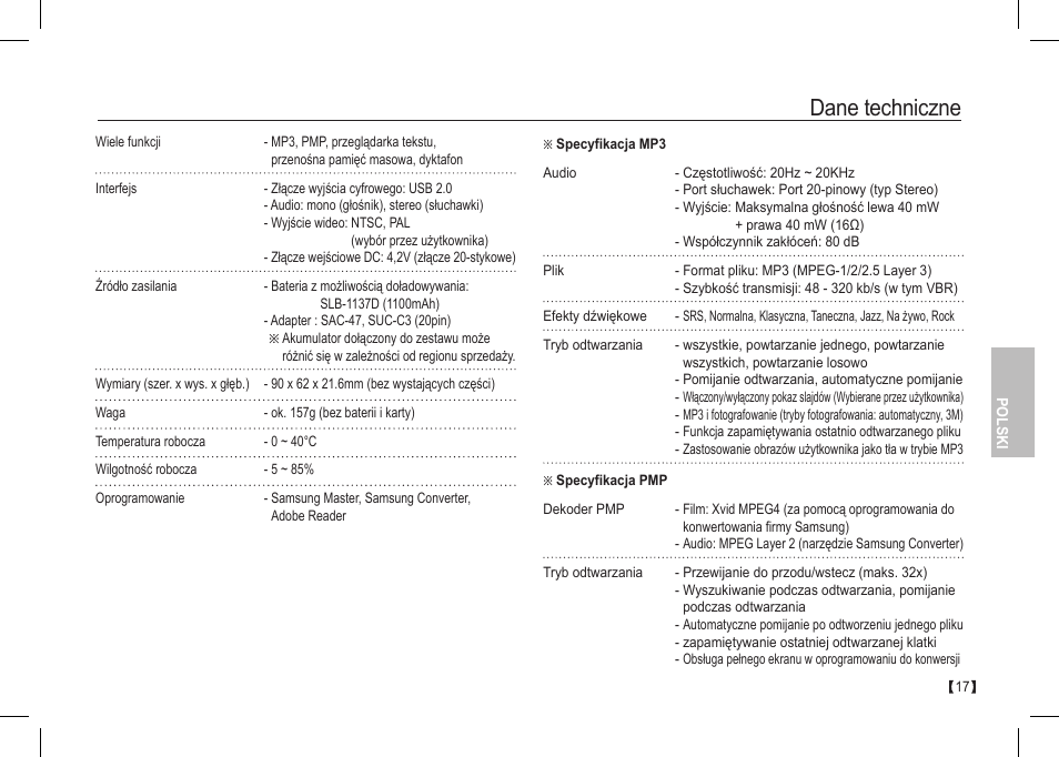 Dane techniczne | Samsung I80 User Manual | Page 98 / 202
