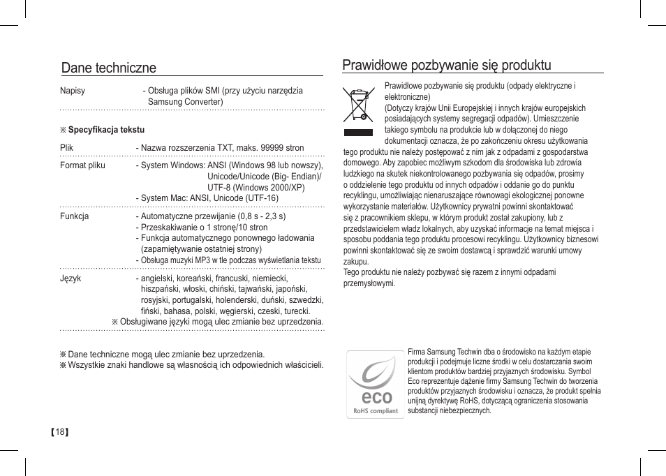 Prawidłowe pozbywanie się produktu, Dane techniczne | Samsung I80 User Manual | Page 99 / 202