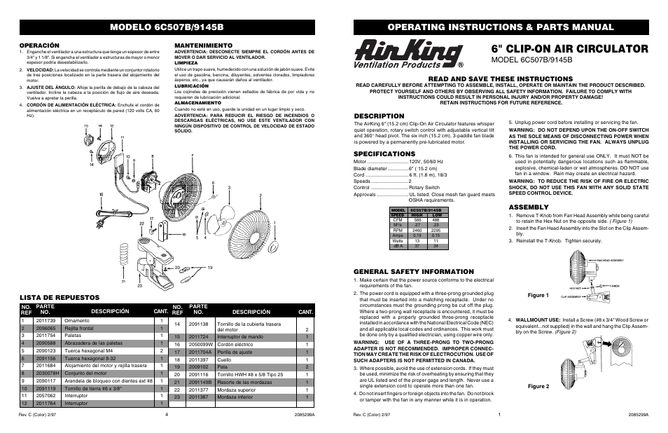 Air King 6C507B/9145B User Manual | 2 pages