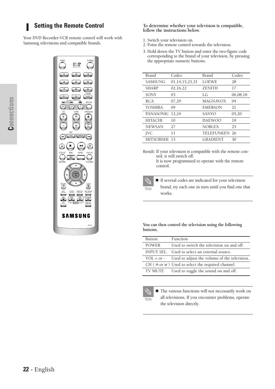 Connections, 22 - english, Setting the remote control | Samsung DVD-VR300-XAA User Manual | Page 22 / 97