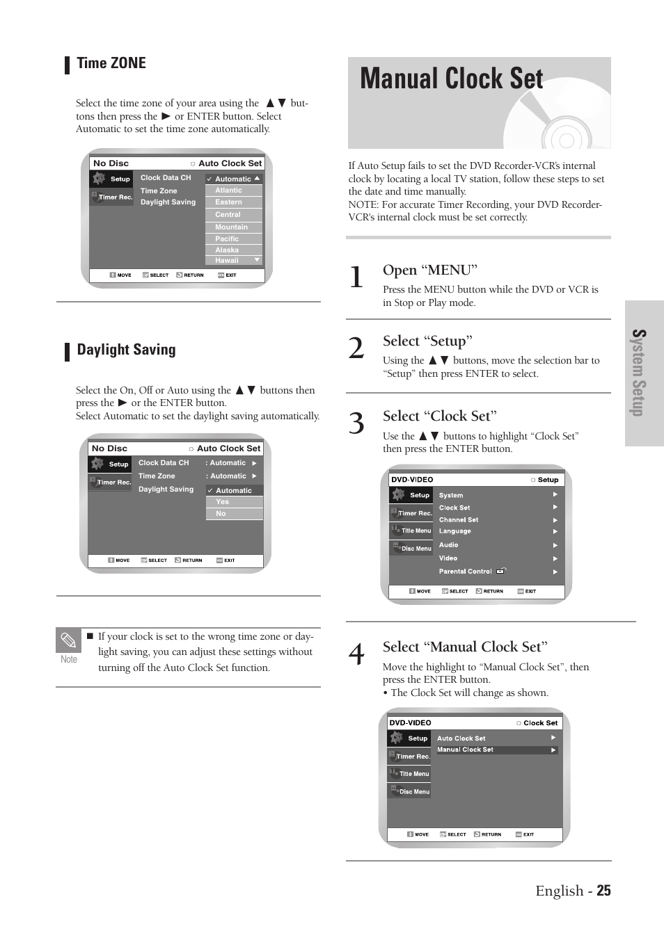 Manual clock set, System setup, English - 25 | Time zone, Daylight saving, Open “menu, Select “setup, Select “clock set, Select “manual clock set | Samsung DVD-VR300-XAA User Manual | Page 25 / 97