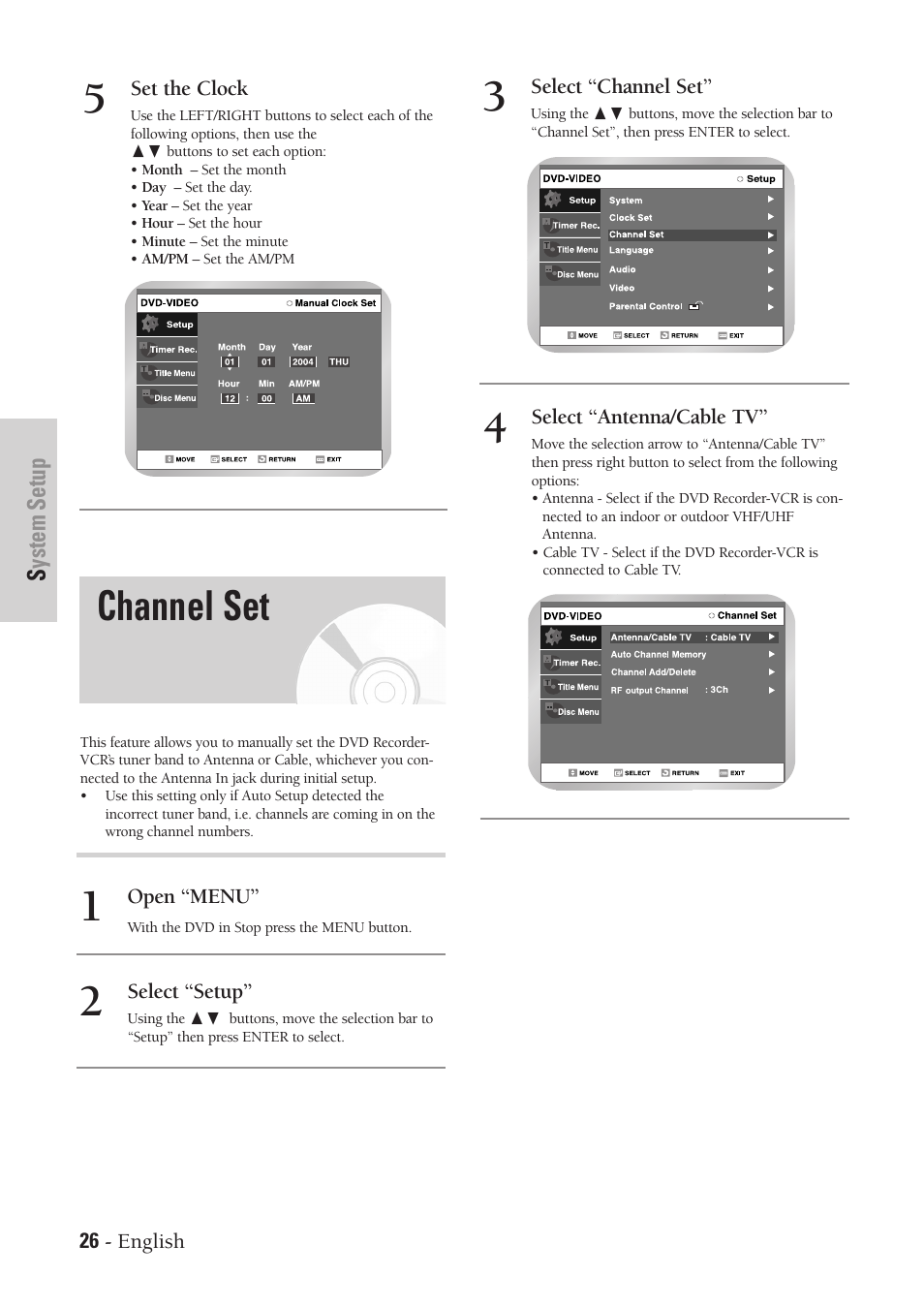 Channel set | Samsung DVD-VR300-XAA User Manual | Page 26 / 97