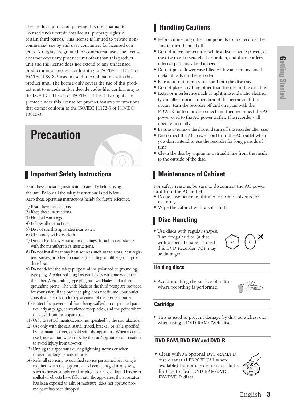 Precaution, Getting started, English - 3 | Important safety instructions handling cautions, Maintenance of cabinet, Disc handling | Samsung DVD-VR300-XAA User Manual | Page 3 / 97