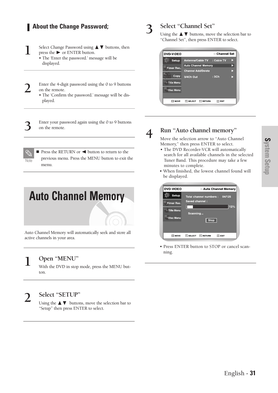 Auto channel memory, System setup | Samsung DVD-VR300-XAA User Manual | Page 31 / 97