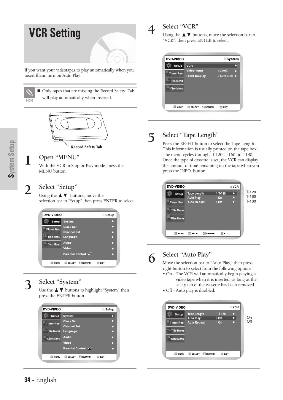 Vcr setting, System setup | Samsung DVD-VR300-XAA User Manual | Page 34 / 97